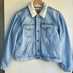 Womens Levi’s Original Sherpa Lined Trucker Blue Jean Jacket XL 100% Cotton $108